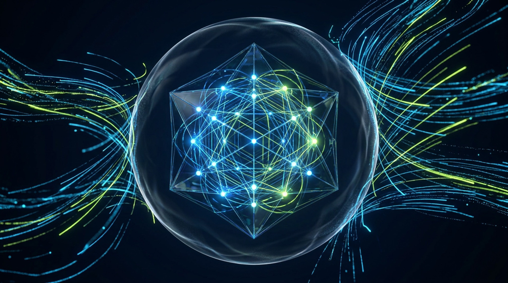 Abstract protected system core with blue and lime data streams